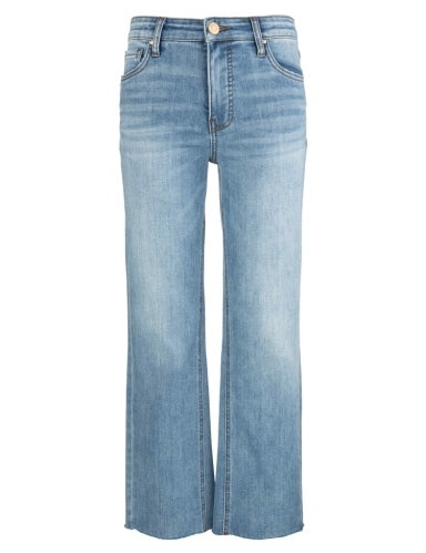 A pair of high-waisted, ankle flare jeans in a light wash denim fabric.