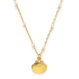 Scallop Shell And Pearl Station Chain Necklace