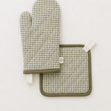 Oven Mitt + Potholder Set -  Olive Mini Gingham