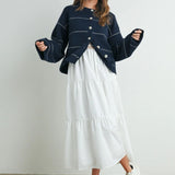 Button Front Striped Cardigan - Navy